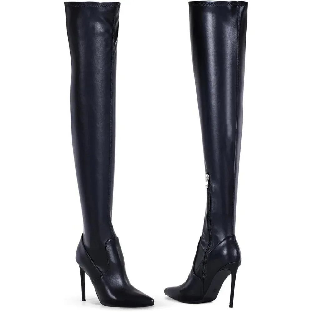 Women Black Matte Suede Pointed Toe 4.3 inch Stilettos Thigh High Heels Boots